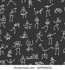 black white vector seamless pattern with people bodies in different poses on dark gray mathematical squared background for paper or textile