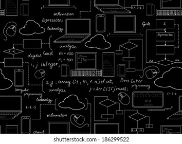 Black and white vector seamless pattern with computer science elements