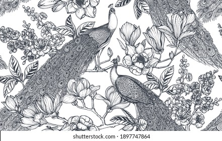 Black and white vector seamless pattern of magnolia flowers, branches and peacocks. Romantic elegant endless background