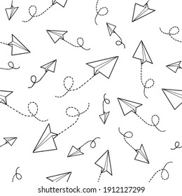 Black and white vector seamless pattern of doodle style flying paper planes. Can be used as wallpaper banner or card template textile fabric prints wrapping paper print or for any other use. 