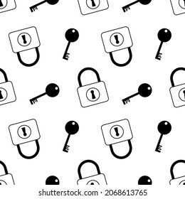 Black and white vector seamless pattern background with locks and keys.