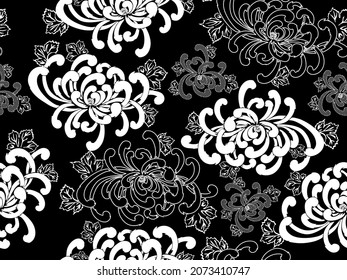 Black and white vector seamless pattern of abstract spider chrysanthemums illustrations in minimal traditional Japanese style of textile kimono printing.