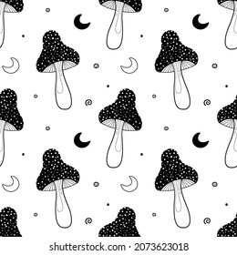 Black and white vector seamless pattern background with mushrooms, moon and dots for magic, witchcraft design.
