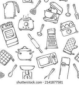 Black And White Vector Seamless Pattern: Kitchen Appliances And Accessories