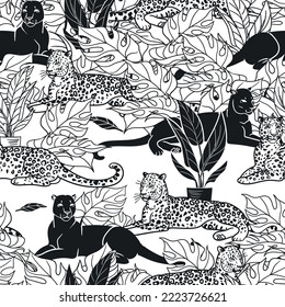 Black and white vector seamless pattern with leopards lying in monstera bush