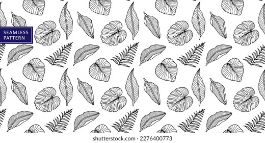 Black and white vector seamless pattern with monstera leaves, palm leaves, fern, banana leaves for textiles, wrapping paper, covers, backgrounds
