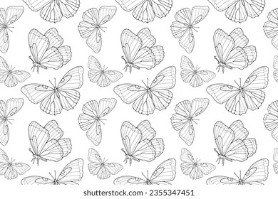 Black and white vector seamless pattern with cute butterflies. Pattern for textiles, wrapping paper, wallpapers, covers and backgrounds