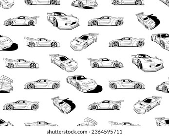 Black and white vector seamless pattern with sports cars, set of illustrations. Hand-drawn art for t-shirts, helmets, cars, and wallpapers. concept graphic design element. Isolated on white background