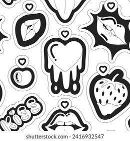 Patrón transparente de fresa, corazón, beso, labios, vector blanco y negro. Amor y pasión. Diseño lúdico y divertido con contorno negro. Imprimir para tejidos, papel de pared, papel de embalaje, bolsas de regalo