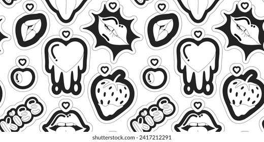 Patrón transparente de fresa, corazón, beso, labios, vector blanco y negro. Amor y pasión. Diseño lúdico y divertido con contorno negro. Pancarta, telas, papel pintado, papel de embalaje, bolsas de regalo