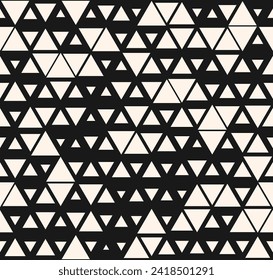 Black and white vector seamless pattern with small triangles. Stylish modern background with halftone effect, randomly scattered shapes, diamonds, grid. Simple monochrome texture. Trendy repeat design