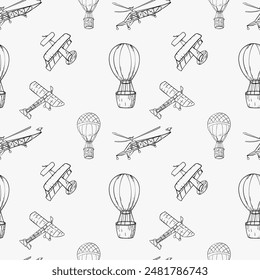 Black white vector seamless pattern with aircrafts outline and hot air balloons. Endless background with simple monochrome retro air transport silhouette hand drawn ink. Doodles for child design