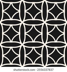 Black and white vector seamless pattern. Simple floral grid geometric ornament. Abstract monochrome background texture with curved lines, flower silhouettes, lattice, repeat tiles. Dark geo design
