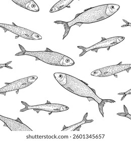 Black white vector seamless pattern of sardines, sprats, and anchovies. sea fish hand drawn on repeated background. Design for wrapping paper, fabric, seafood branding, and nautical projects.
