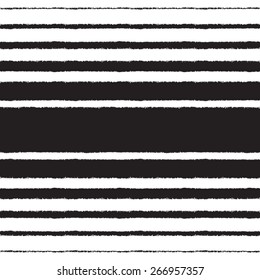 Black and white vector seamless pattern. Black stripes of different width on white backdrop. Brush drawn - rough, artistic edges. Striped monochrome background with space for text.