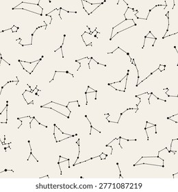Black and white vector seamless pattern featuring minimalist zodiac constellations with dashed lines connecting stars on a light beige background, creating a celestial design
