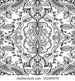 Black and white Vector seamless pattern, geometric and floral repeating texture. Tribal ethnic arabic indian ornament. Hand drawn doodle abstract background