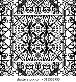 Black and White Vector seamless pattern, fabric repeating texture. Tribal ethnic ornament. Hand drawn doodle abstract background.