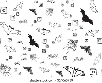 Black and white vector seamless pattern with stylized silhouettes of bats, spiders, web and squares, freehand drawing, sketch