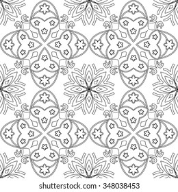 Black and white vector seamless pattern background. For coloring pages, decoration, page fill and more.