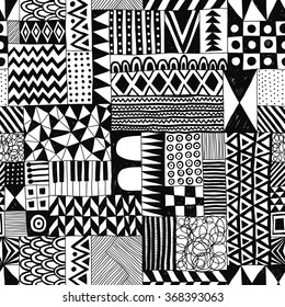 black and white vector seamless pattern with doodle elements.aztec abstract geometric art print. ethnic hipster backdrop. Wallpaper, cloth design, fabric, paper, wrapping, textile. hand drawn.