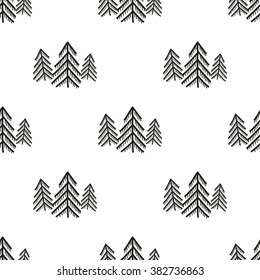 Black and white vector seamless pattern with pine trees. Hand drawn doodle style background