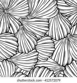 Black and white vector seamless pattern with sea shells.