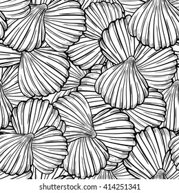 Black and white vector seamless pattern with sea shells.