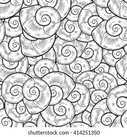 Black and white vector seamless pattern with sea shells.