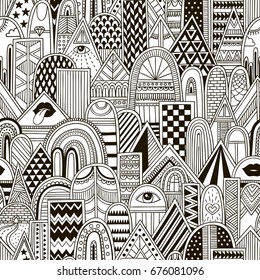 Black and white vector seamless pattern with geometric shapes and doodle elements.  fancy abstract art print. ethnic tribal background. hand drawn. Wallpaper, cloth design, fabric, textile template