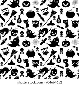 Black and white vector seamless pattern with animals and Halloween design elements for invitations and greeting cards