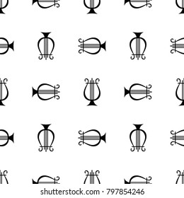 Black and white vector seamless pattern with musical instrument harp