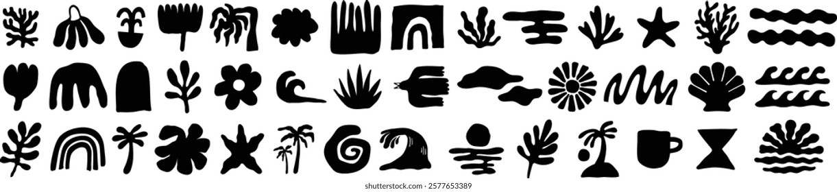 Black and white vector set of abstract summer doodles, organic shapes and forms. Hand drawn Matisse ocean collection. Modern elements in trendy minimalist style for social media banners