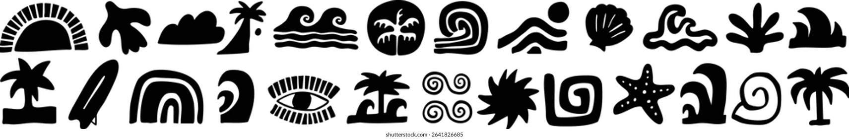 Black and white vector set of abstract summer doodles, organic shapes and forms. Hand drawn Matisse ocean collection. Modern elements in trendy minimalist style for social media banners
