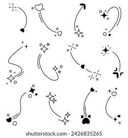 Black and white vector set with arrow icons in doodle style. hearts, dots, sparkles, stars
