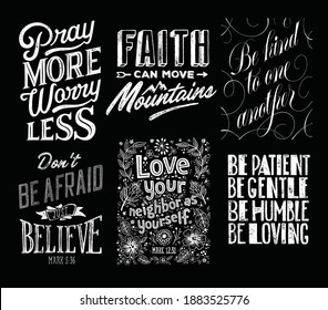 Black and white vector set of Christian religion lettering. Modern bible lettering illustration. T shirt hand lettered calligraphic design. Inspirational vector typography.