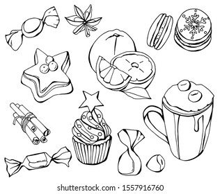 black and white vector set of christmas food icons