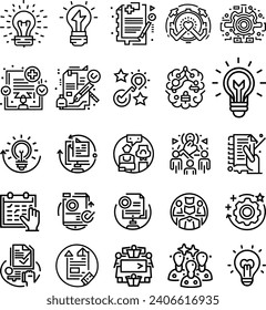 Black and white Vector set of creativity line icons. Contains icons idea, brainstorm, thought, quick tips, inspiration, teamwork and more