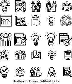 Black and white Vector set of creativity line icons. Contains icons idea, brainstorm, thought, quick tips, inspiration, teamwork and more