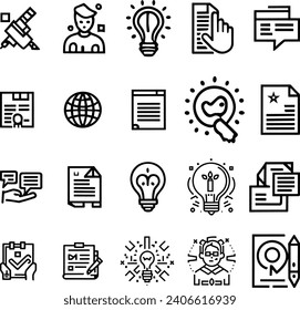 Black and white Vector set of creativity line icons. Contains icons idea, brainstorm, thought, quick tips, inspiration, teamwork and more