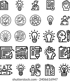 Black and white Vector set of creativity line icons. Contains icons idea, brainstorm, thought, quick tips, inspiration, teamwork and more