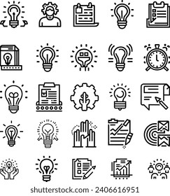 Black and white Vector set of creativity line icons. Contains icons idea, brainstorm, thought, quick tips, inspiration, teamwork and more