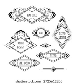 Black and white vector set of decorative Art Deco geometric elements. Elegant line art shapes inspired by 1920s design, perfect for frames, borders, posters, invitations, and coloring projects.