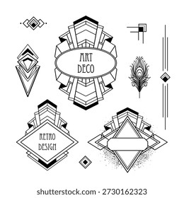 Black and white vector set of decorative Art Deco geometric elements. Elegant line art shapes inspired by 1920s design, perfect for frames, borders, posters, invitations, coloring books.