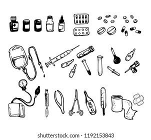 Black and white vector set in doodle style with medical Instruments. Hand drawn healthcare isolated design elements of medical supplies.