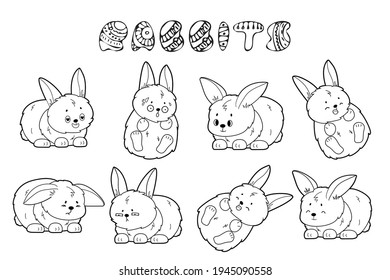 Black white vector Set of doodle outline rabbits with different emotions. Happy, unhappy, wondered, in love and sad bunnies. Illustration of animals and cartoon text for coloring book
