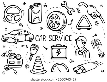 Black and white vector set of doodle illustrations on the automotive theme. Hand-drawn icons, signs and symbols. Elements for book design, stickers, coloring, prints