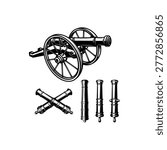 A black and white vector set featuring a vintage field cannon on wheels, a pair of crossed cannons, and three individual artillery barrels. Detailed historical weapon art.