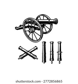 A black and white vector set featuring a vintage field cannon on wheels, a pair of crossed cannons, and three individual artillery barrels. Detailed historical weapon art.