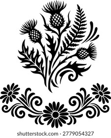 Black and white vector set featuring a bouquet of thistles and a daisy floral scroll. Ideal for Scottish heritage designs, wedding invitations, wall decals, and laser-cut stencils.